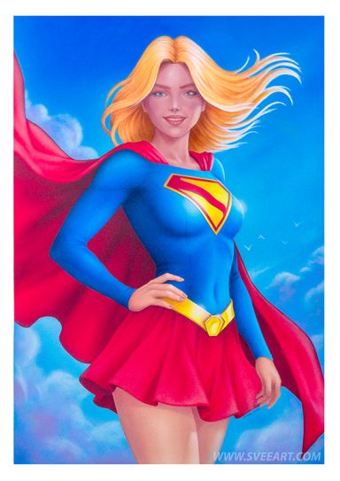 A female superhero in a blue top and red skirt, posing confidently with a flowing cape.