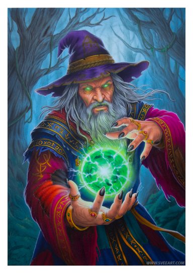 A wizard in a dark forest, conjuring a glowing green orb with mystical energy.